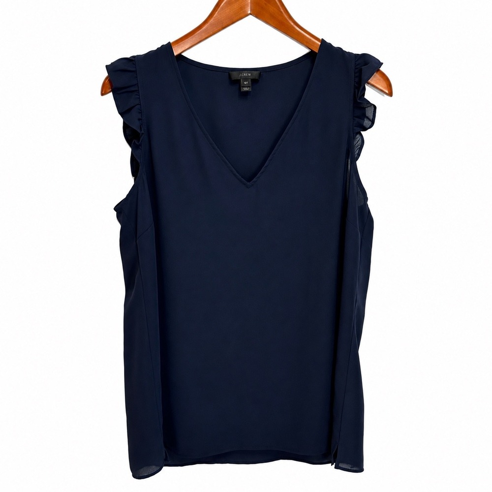 J.Crew Womens 12T Navy Blue Ruffle Shoulder V-Neck Sleeveless Blouse Top H4425